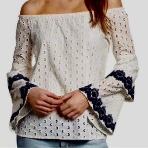 Bailey 44 Cream Blouse with Navy Lace Accents